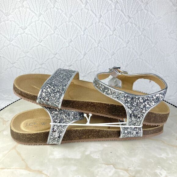 J. Crew Sandals Girls 5 Silver Metallic Glitter Ankle Strapped Buckle Flats NEW - Picture 10 of 12